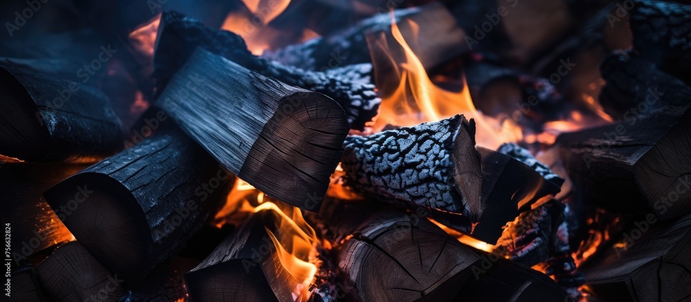 Poster A dark close-up view of a pile of wood, showing the texture and details of the burning firewood. The wood appears charred and emitting flames and smoke.