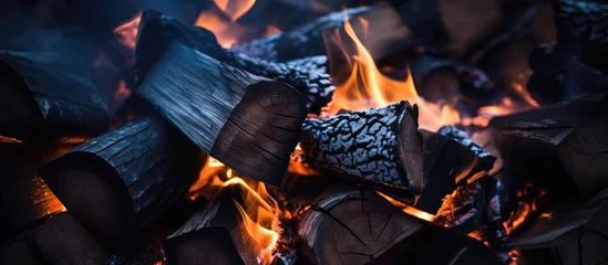 Zelfklevend Fotobehang A dark close-up view of a pile of wood, showing the texture and details of the burning firewood. The wood appears charred and emitting flames and smoke. © AkuAku