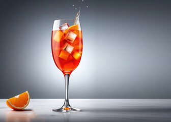 Aperol cocktail in a glass with clear ice and an orange slice, the glass is fogged up from cold, drops of cold drink run down the glass. The drink has orange beautiful color, there are beautiful