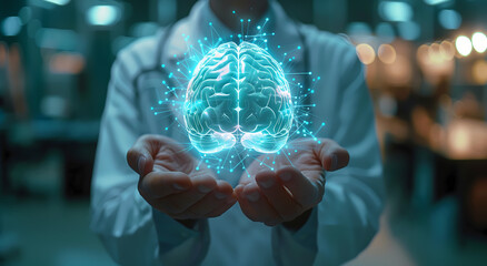 Gros plan d'un cerveau holographique dans les mains d'un scientifique en arri&egrave;re-plan