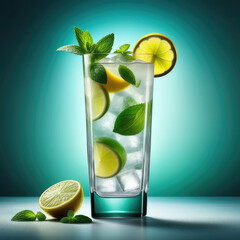 Mojito cocktail glass, lime slices in the glass, fresh mint leaves, square transparent ice, glass fogged from cold, drops of cold drink flowing down the glass. The edge of the glass is decorated with