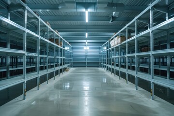 large warehouse with lots of shelves and bright lights shining on the floor. Empty warehouse space and with empty shelves. empty warehouse distribution