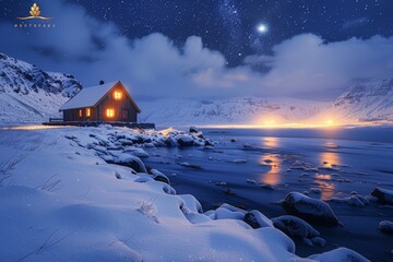 Northern lights viewing in Iceland, snowy landscape, Cabin nestled in snowy landscape under starlit...