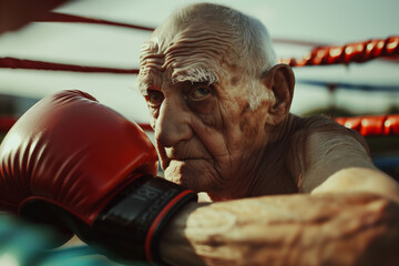Very elderly boxer in a boxing ring. 