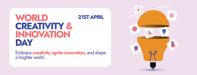 World Creativity and Innovation Day. 21st April World Creativity and Innovation Day celebration cover banner with innovative bulb icon in half and icons of gears, book, charts coming out of it. 