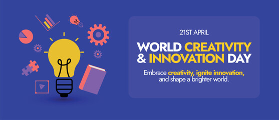World Creativity and Innovation Day. 21 April World creativity and innovation day celebration cover banner with icons of bulb, gear, book, puzzle pieces, bar chart, pie chart. Conceptual cover banner.