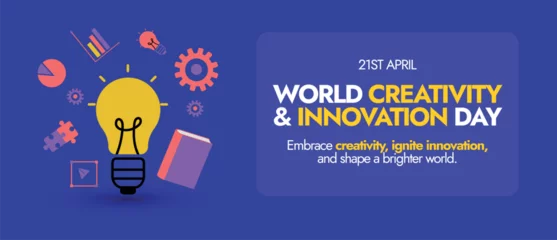 Foto op Canvas World Creativity and Innovation Day. 21 April World creativity and innovation day celebration cover banner with icons of bulb, gear, book, puzzle pieces, bar chart, pie chart. Conceptual cover banner. © Sabeen