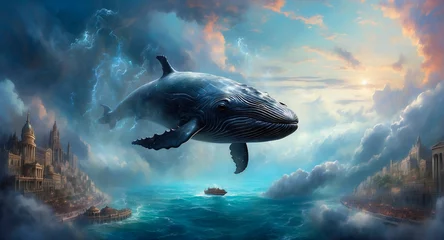 Fotobehang Surreal image giant whale glides through clouds above a sleeping city, blurring reality and dreams © Oldboy