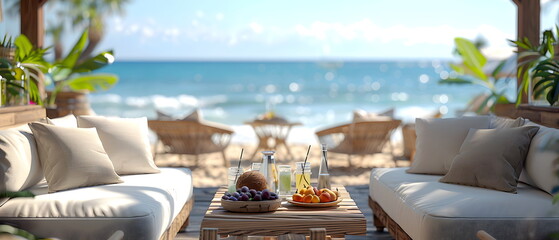 Beachside Dining: A picturesque scene of a restaurant and cafe nestled along the sandy shore, offering delicious meals amidst a stunning seaside view