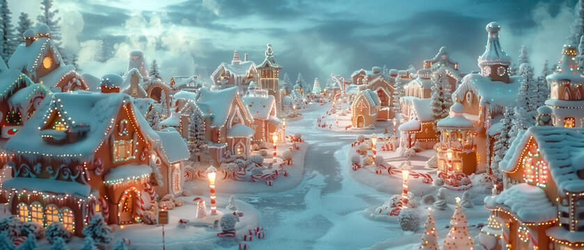 Gingerbread Town, complete with candy cane lampposts and a marshmallow town square