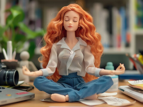 Doll setting in stretching yoga pose in office session scene - depicting health and wellness at work