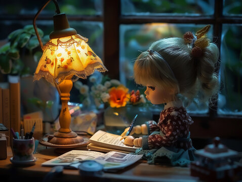 Late night working ball jointed doll at a desk lit by a soft lamp - depicting on dedication for work or learning