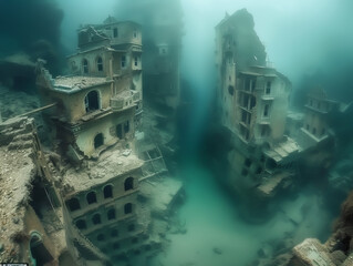 The ghostly ruins of a once-bustling town lie submerged and forgotten under murky water, creating an eerie underwater world frozen in time.