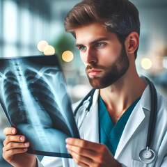 doctor looks at an x-ray on a blurred background of a medical office - obrazy, fototapety, plakaty