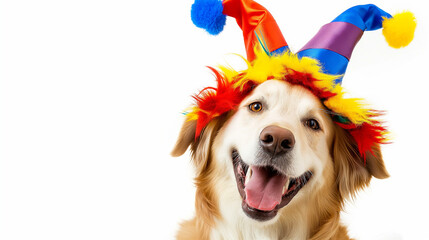 Happy smiling golden retriever dog puppy wearing a colorful harlequin joker's hat isolated on white background with copy space, concept of celebrating April Fools' Day, circus, party, Halloween.