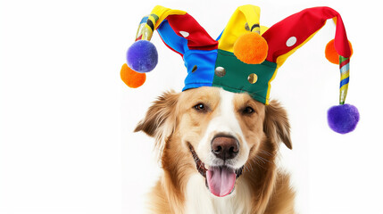 Happy smiling golden retriever dog puppy wearing a colorful harlequin joker's hat isolated on white background with copy space, concept of celebrating April Fools' Day, circus, party, Halloween.