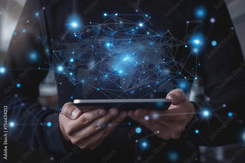 Poster man is holding a tablet with a blue screen with world map dots on it. technology and connectivity co