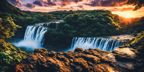 Fantasy landscape with waterfalls, panorama. - 756634209