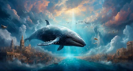 Fotobehang Surreal image giant whale glides through clouds above a sleeping city, blurring reality and dreams © Oldboy