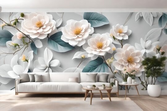 modern living room, Elevate your space with an AI-generated image of a 3D mural wallpaper featuring a simple floral painting on a light gray background