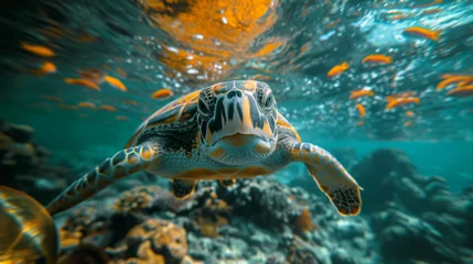 Zelfklevend Fotobehang Closeup of a sea turtle underwater  © K.A