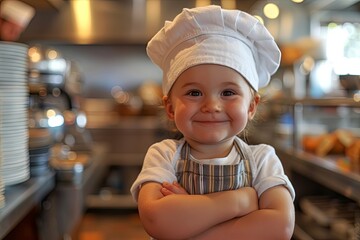 A young child with a beaming smile, dressed as a chef, stands confidently in a professional bakery kitchen.