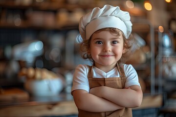 A young child with a beaming smile, dressed as a chef, stands confidently in a professional bakery kitchen.