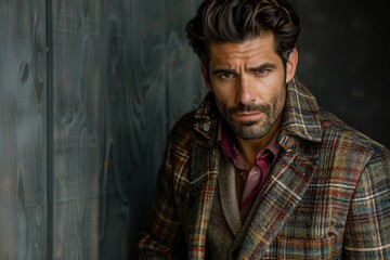 Fototapeta premium A man in a plaid jacket and a red shirt is standing in front of a wooden wall