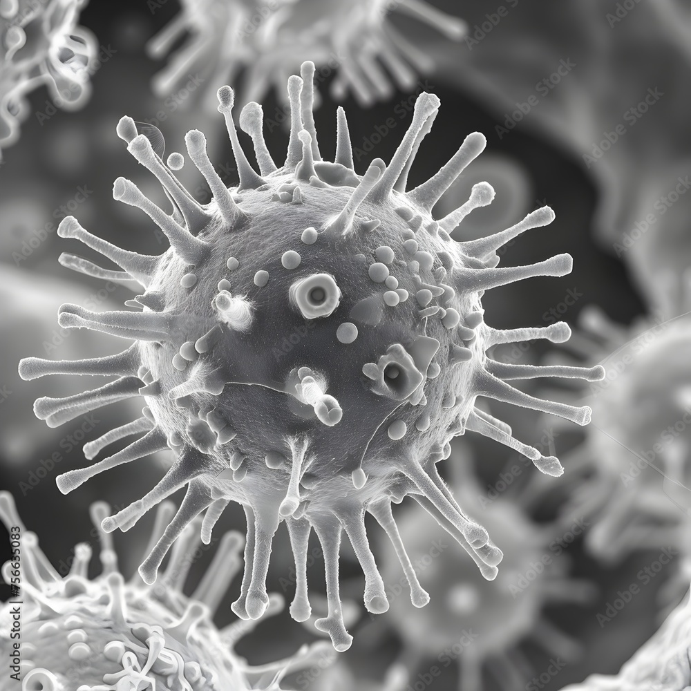 Poster a close up of a virus with many small dots on it. the virus is surrounded by a blurry background