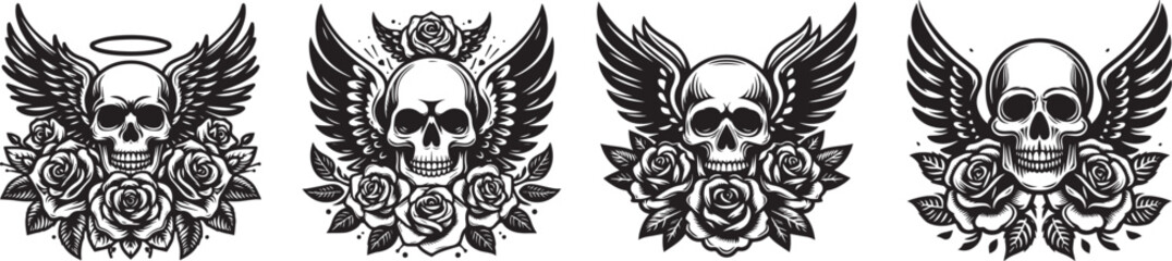 skulls adorned with roses and leaves, angel wings, black vector graphic