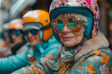 Colorful elderly woman wearing shades and floral motorcycle helmet