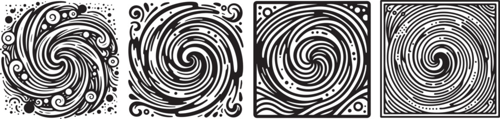 bizarre whirls, abstract ornamental circular shapes, black vector graphic