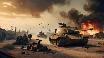 Breaking through the front with tanks, while the soldiers prepare for the assault. - obrazy, fototapety, plakaty