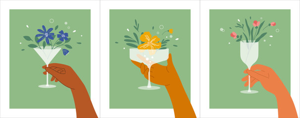 Vector poster of human hand holding champagne, wine or martini glass with blooming spring flower. Cocktail, fresh juice, floral drink. Cheer celebration, beach summer party illustration. Holiday event