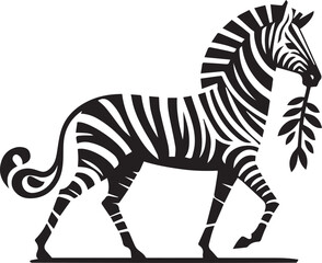 Fototapeta na wymiar zebra with a twig in its mouth, black vector graphic