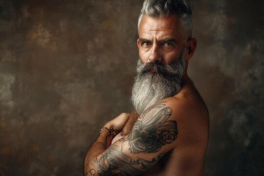 A man with a beard and tattoos on his arm is posing for a picture