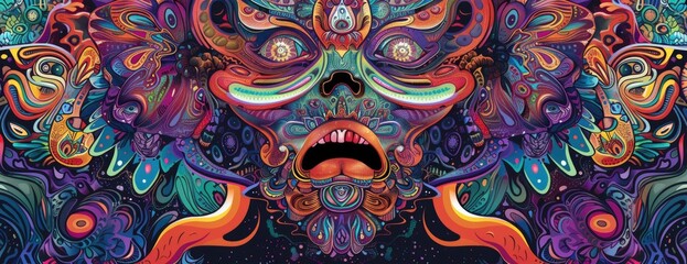 Naklejka premium Enigmatic Psyche: Colorful Psychedelic Illustration Featuring a Dark Masked Figure - Abstract Mushroomcore Background
