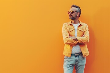 A man in a yellow jacket and jeans stands in front of a yellow wall - obrazy, fototapety, plakaty