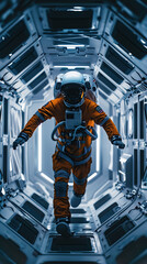 Fototapeta na wymiar An astronaut floats in zero gravity inside the corridor of a spaceship, and from the window there is a view of the Earth, depicting space travel