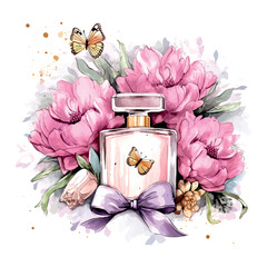 a beautiful pink perfume bottle with roses in the glamour style, golden glitter watercolor illustration on white background