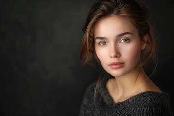 Naklejka premium A woman with brown hair and brown eyes is wearing a black sweater