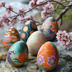 Easter eggs decorated with japanese details. generative ai