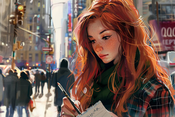 Artistic redhead gets inspired in the vibrant bustle of the city