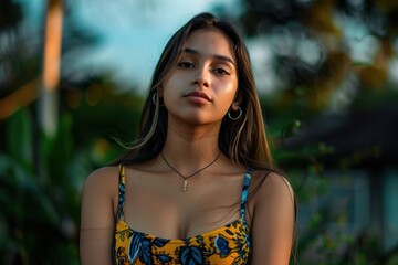 Fototapeta premium A woman is wearing a yellow and blue dress and is posing for a picture