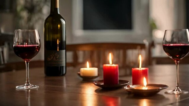 two glasses of wine on a table with candles, romantic atmosphere 
