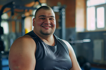Happy, large heavy-set man smiling at the gym post-workout. 