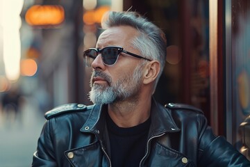 A man with a beard and gray hair is wearing sunglasses and a leather jacket