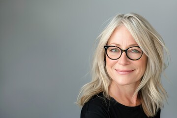 A woman with long blonde hair and glasses is smiling - obrazy, fototapety, plakaty