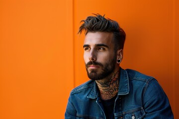 Fototapeta premium A man with a beard and tattoos is sitting on an orange wall