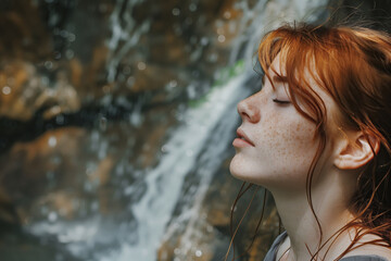Tranquil young woman with red hair and freckles finding serenity and peace by the beautiful waterfall. Surrounded by the calming nature. Practicing mindfulness and meditation for wellness and harmony